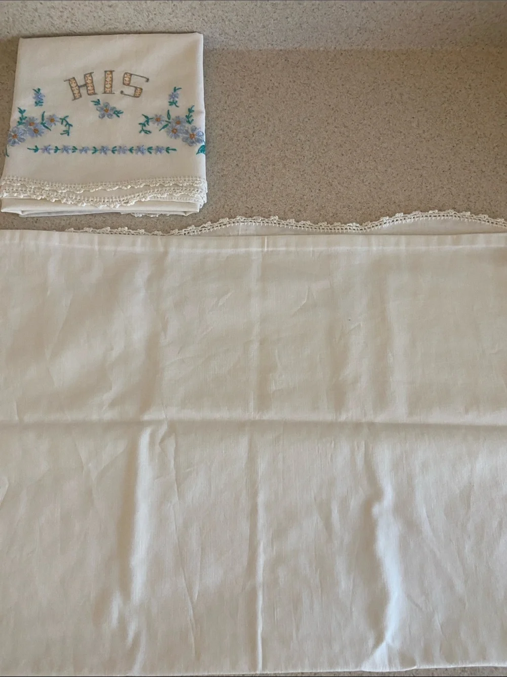 Vintage White Embroidered HIS and HERS Pillow Shams with Blue Floral Accents